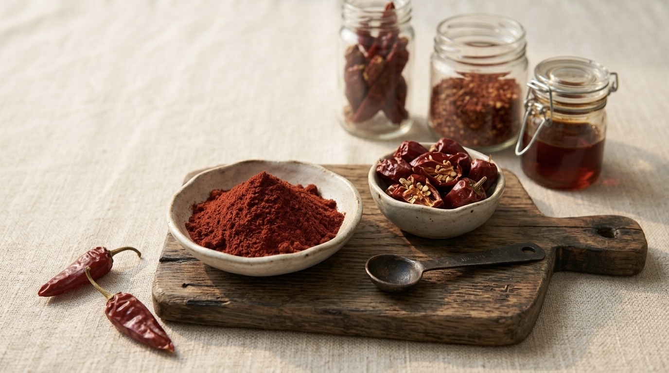 Paprika powder, dried chilies, and chili flakes on a wooden board