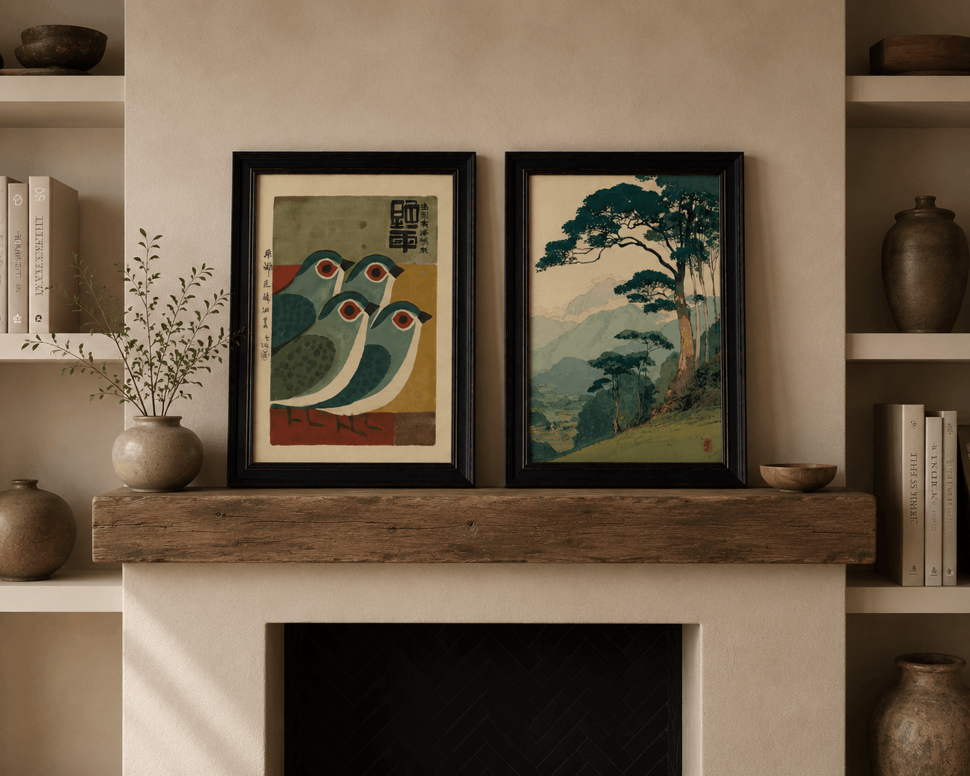 Japanese woodblock bird and mountain canvas prints displayed above a fireplace mantel