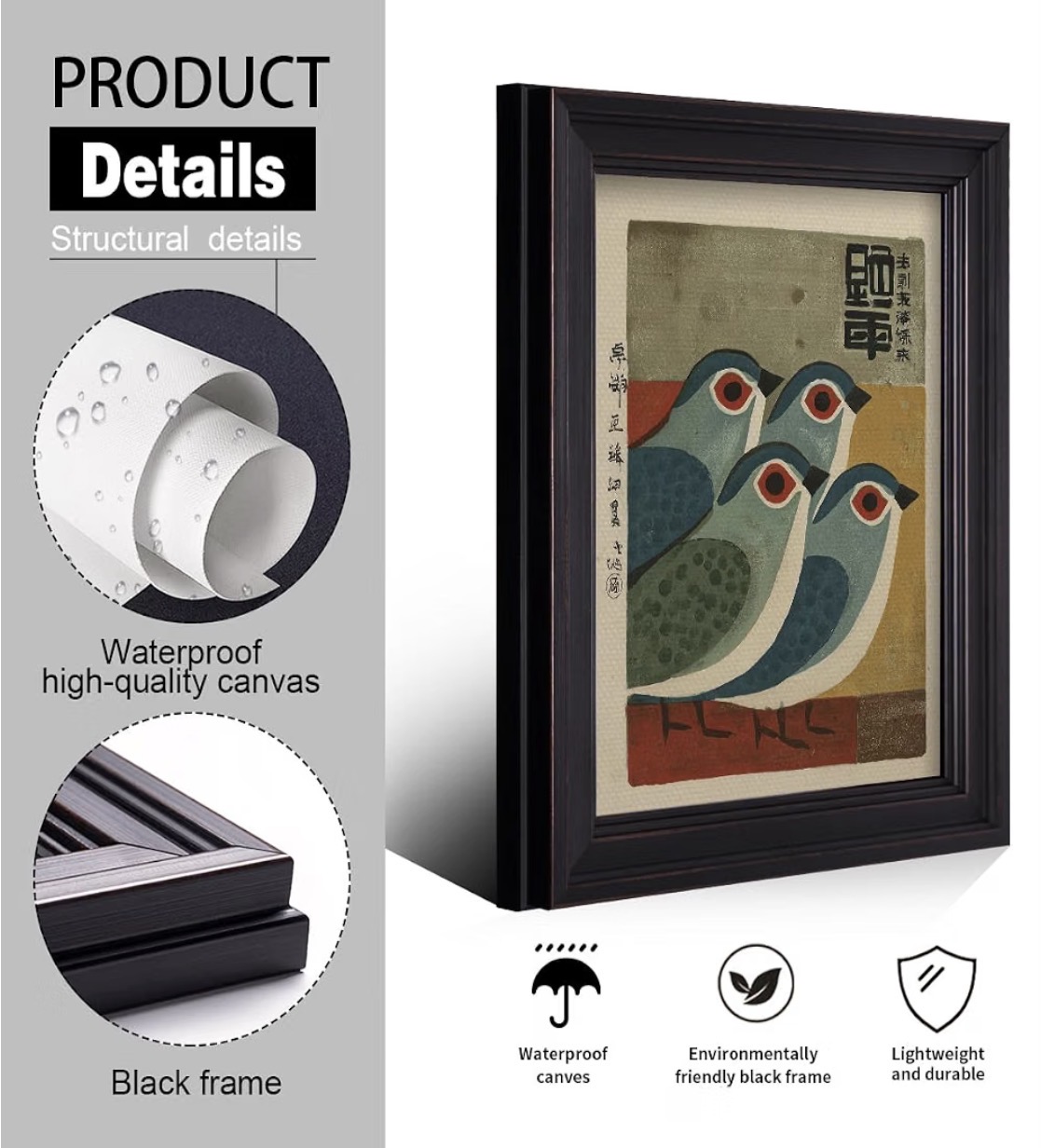 Japanese woodblock bird canvas print product detail showing frame and canvas quality