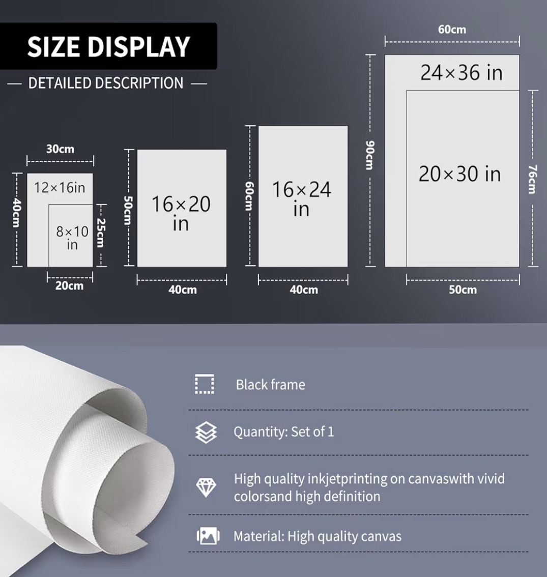 Size display chart for Japanese woodblock canvas prints from 8x10 to 24x36 inches