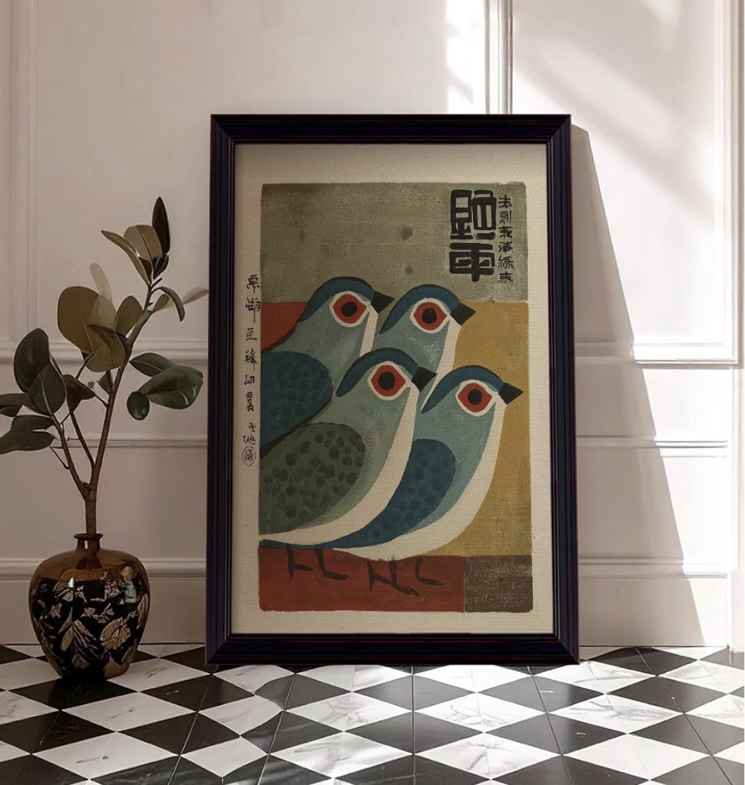 Japanese woodblock bird canvas print styled on a black-and-white tiled floor