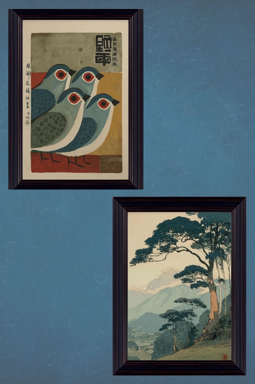 Japanese woodblock bird and mountain canvas prints displayed together on a blue wall